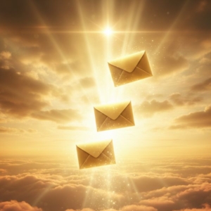 three envelopes floating in a gold coloured sky with the sun shining